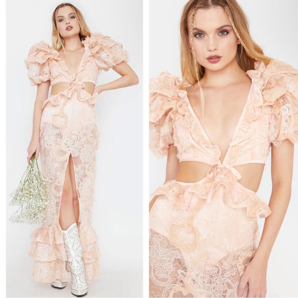 FOR LOVE & LEMONS Meredith Lace Puff Sleeve Cutout Floral Maxi Dress Size M